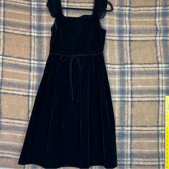 CHU DU CLASSIC FASHION SQUARE-NECK RUFFLE STRAP VELVET MIDI DRESS SIZE:L BLACK - Picture 1 of 12